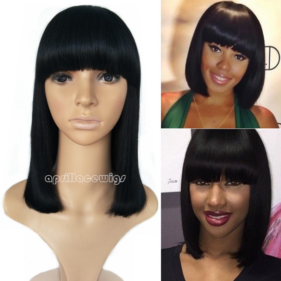 Remy hair blunt cut bob no lace machine made wig with a bang