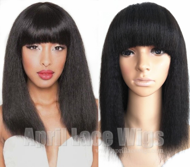 Italian yaki human hair machine made wig no lace with bangs