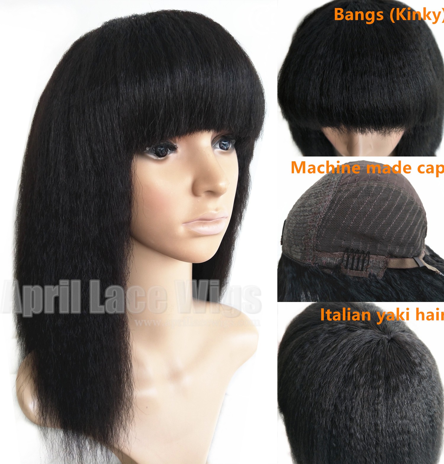 Italian yaki human hair machine made wig no lace with bangs