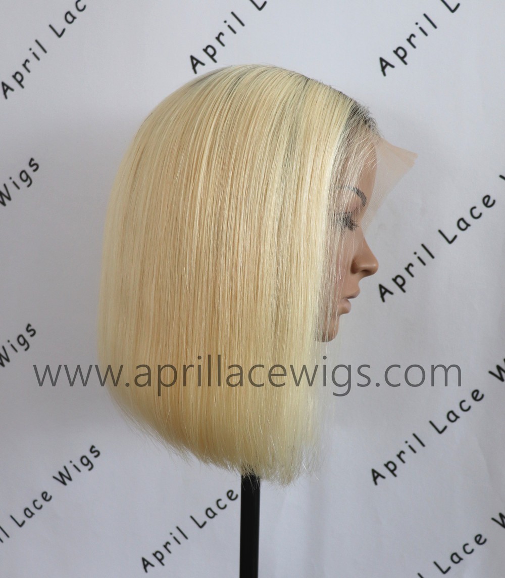 Virgin blonde lace front wig bob hair with dark roots 150% density preplucked hairline