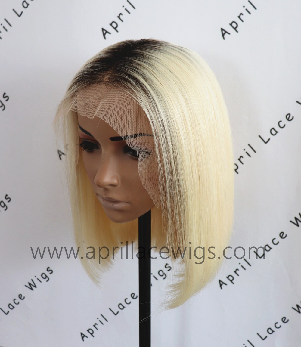 Virgin blonde lace front wig bob hair with dark roots 150% density preplucked hairline