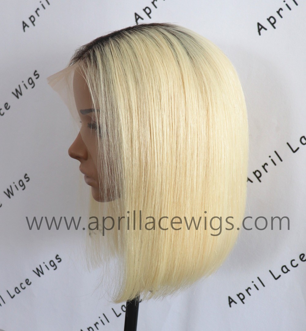 Virgin blonde lace front wig bob hair with dark roots 150% density preplucked hairline