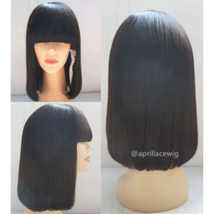 Indian Remy Blunt Cut Bob Hair With Bangs Full Lace Wig