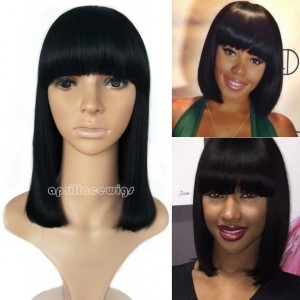 Remy Hair Blunt Cut Bob No Lace Machine Made Wig With A Bang