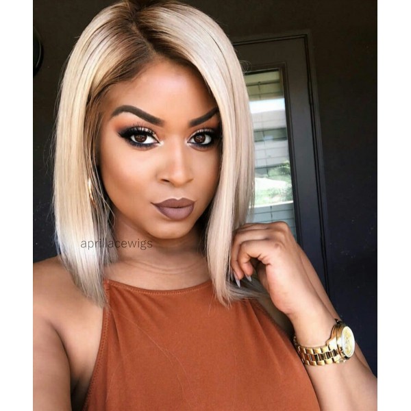 Virgin Blonde Lace Front Wig Bob Hair With Dark Roots 150 Density