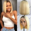 Virgin blonde lace front wig bob hair with dark roots 130% density preplucked hairline BB015