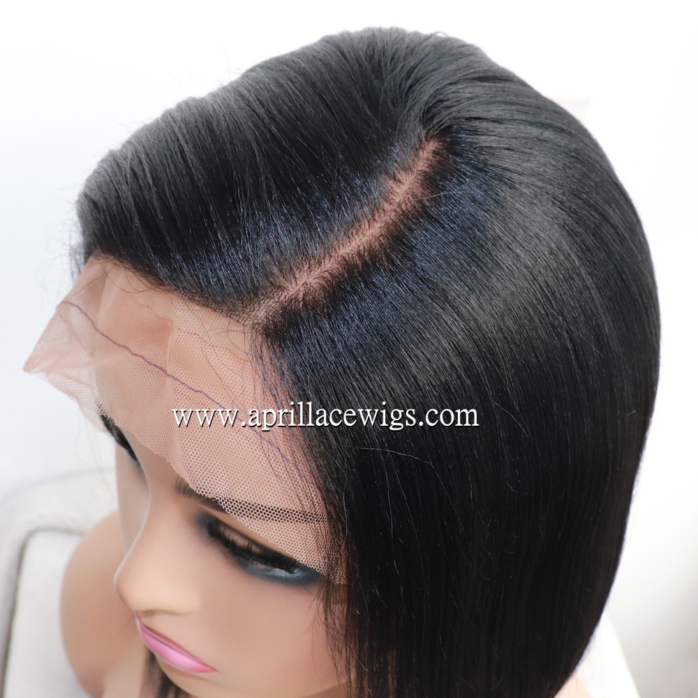 Indian Remy Light Yaki Asymmetrical Bob Full Lace Silk Top Wig