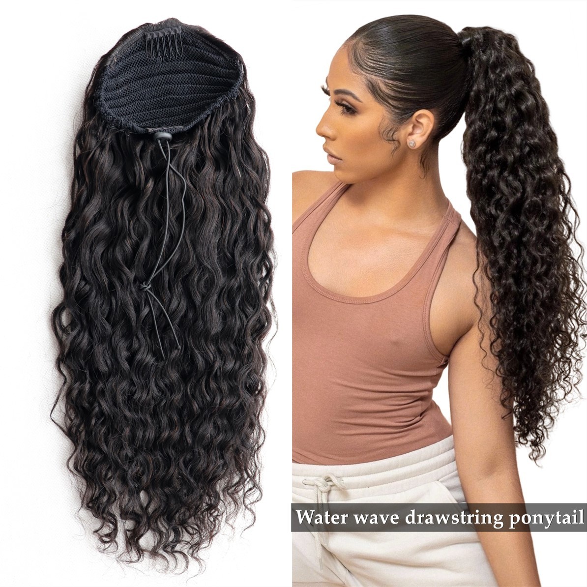 Water Wave Wrap Drawstring Ponytail Human Hair Extension