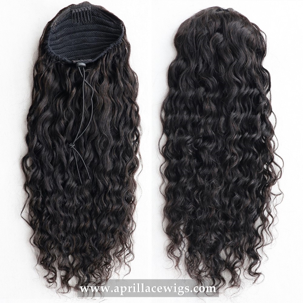 Water Wave Wrap Drawstring Ponytail Double Drawn Human Hair Extension
