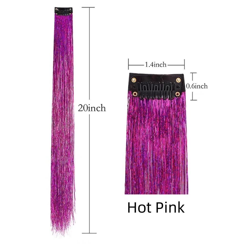 Hot Pink Glitter Tinsel Clip In Hair Extension