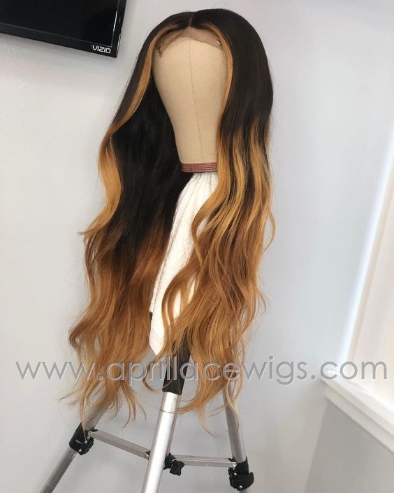 Ombre Brown With Front Highlights Color Wave Human Hair Glueless 13x6 Lace Front Wig BW0028