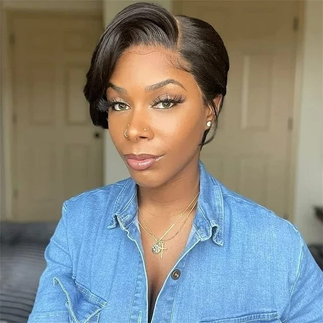 Virgin Human Hair Straight Pixie Cut 180% Density 13x4 13x6 Lace Front Wig