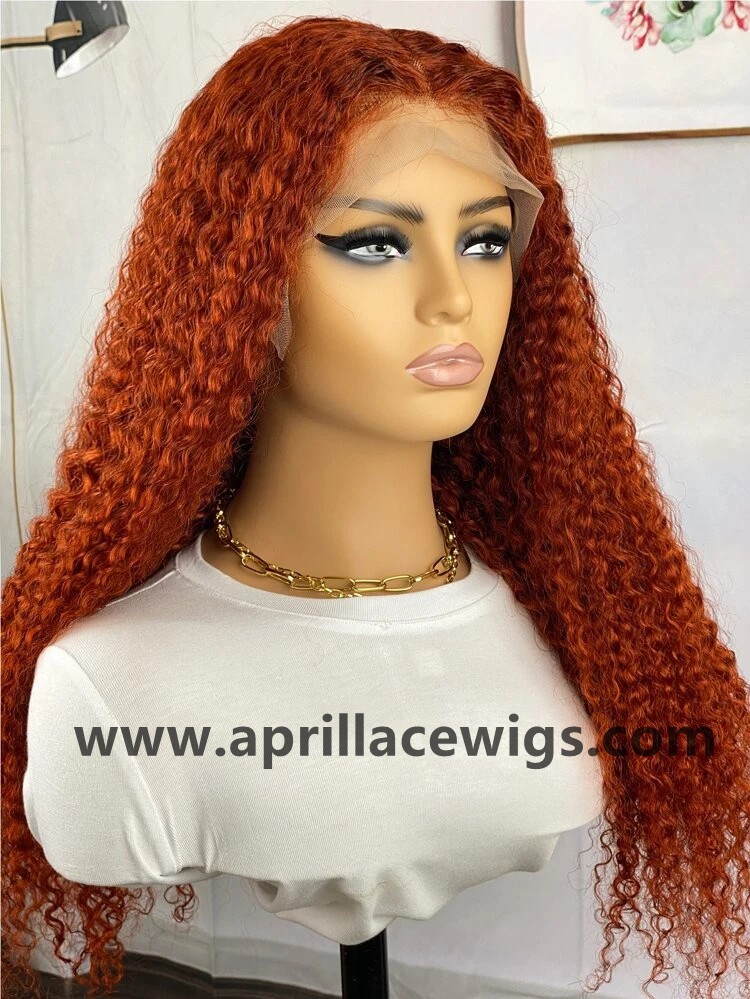 Ginger Orange Virgin Human Hair Curly Glueless 13x6 Lace Front wig