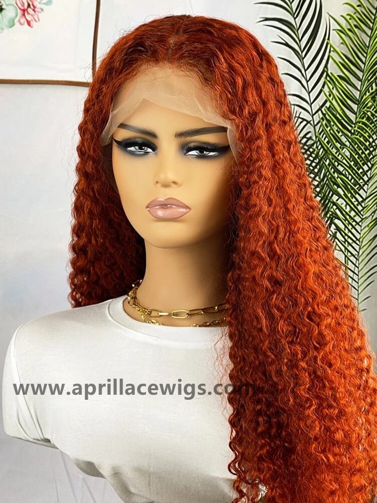 Ginger Orange Virgin Human Hair Curly Glueless 13x6 Lace Front wig