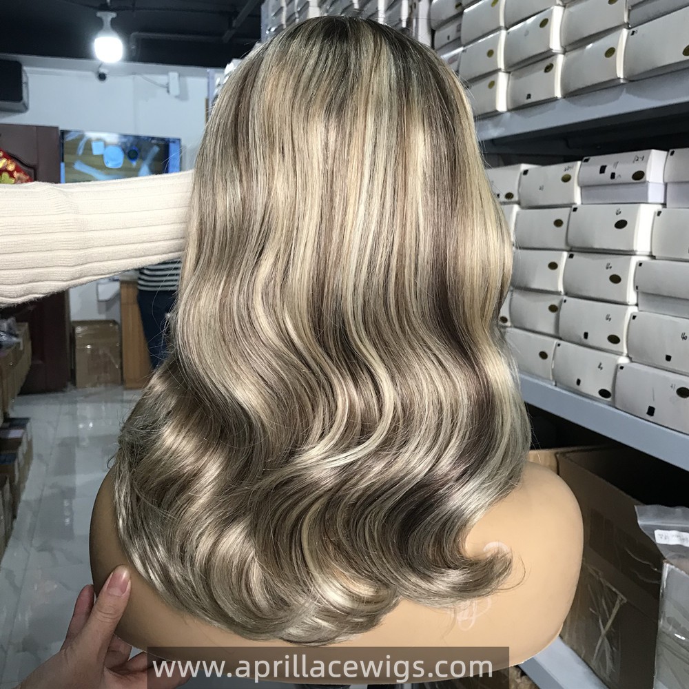 Ash Blonde Highlight Virgin Human Hair Glueless 13x6 lace front wig