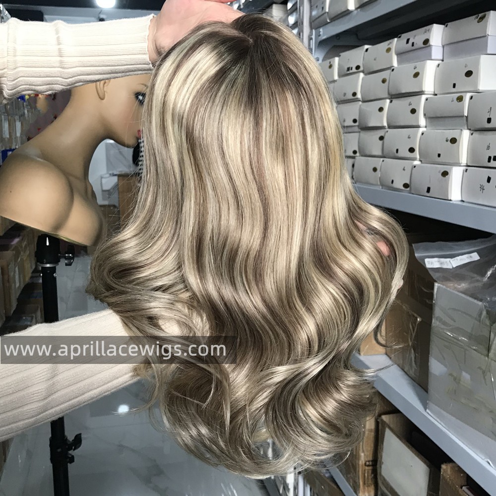 Ash Blonde Highlight Virgin Human Hair Glueless 13x6 lace front wig