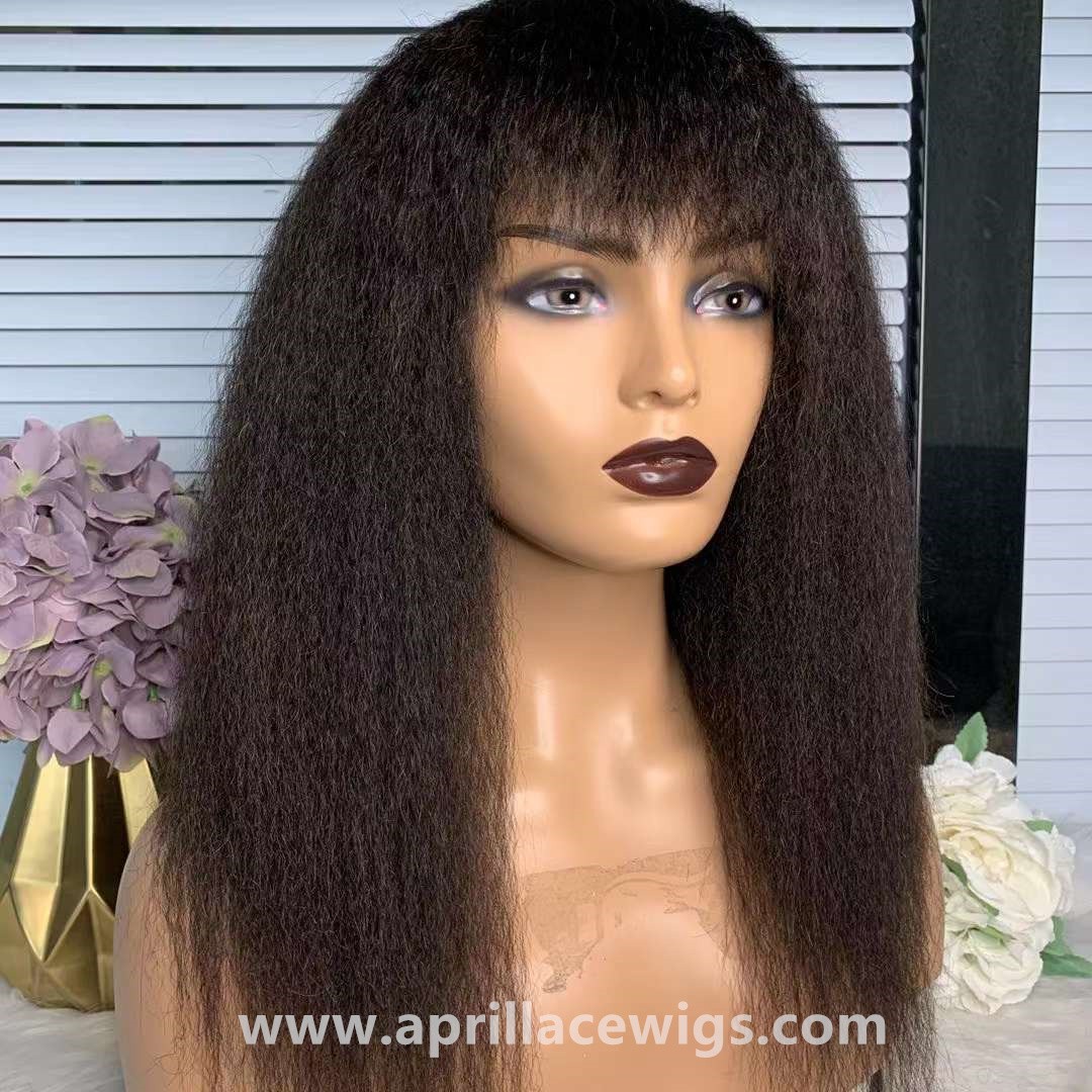 Italian yaki human hair machine made wig no lace with see through bangs