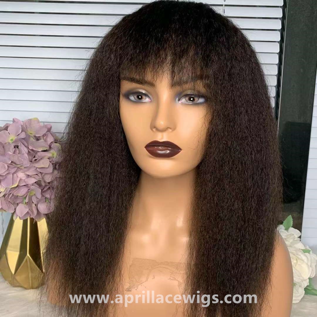 Italian yaki human hair machine made wig no lace with see through bangs