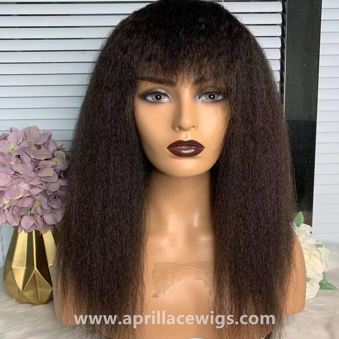 Italian yaki human hair machine made wig no lace with see through bangs