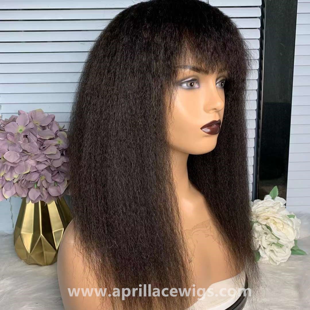 Italian yaki human hair machine made wig no lace with see through bangs