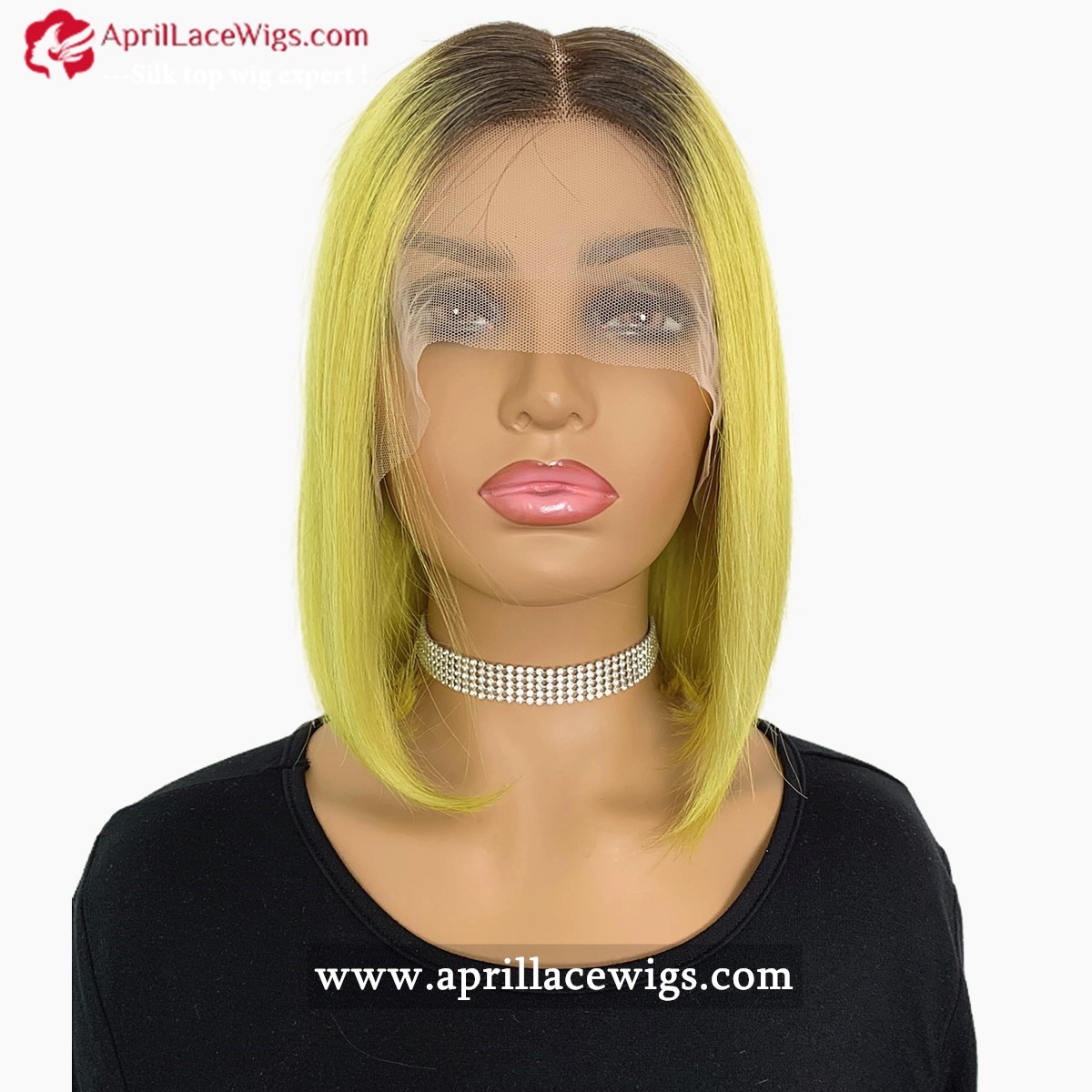 Neon Green Yellow Pink Ombre Color Bob Style Glueless T Part Lace Wig